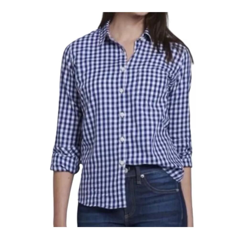 UNTUCKIT Belleza Button Up Long Sleeve Blue White Gingham Shirt Size 8
